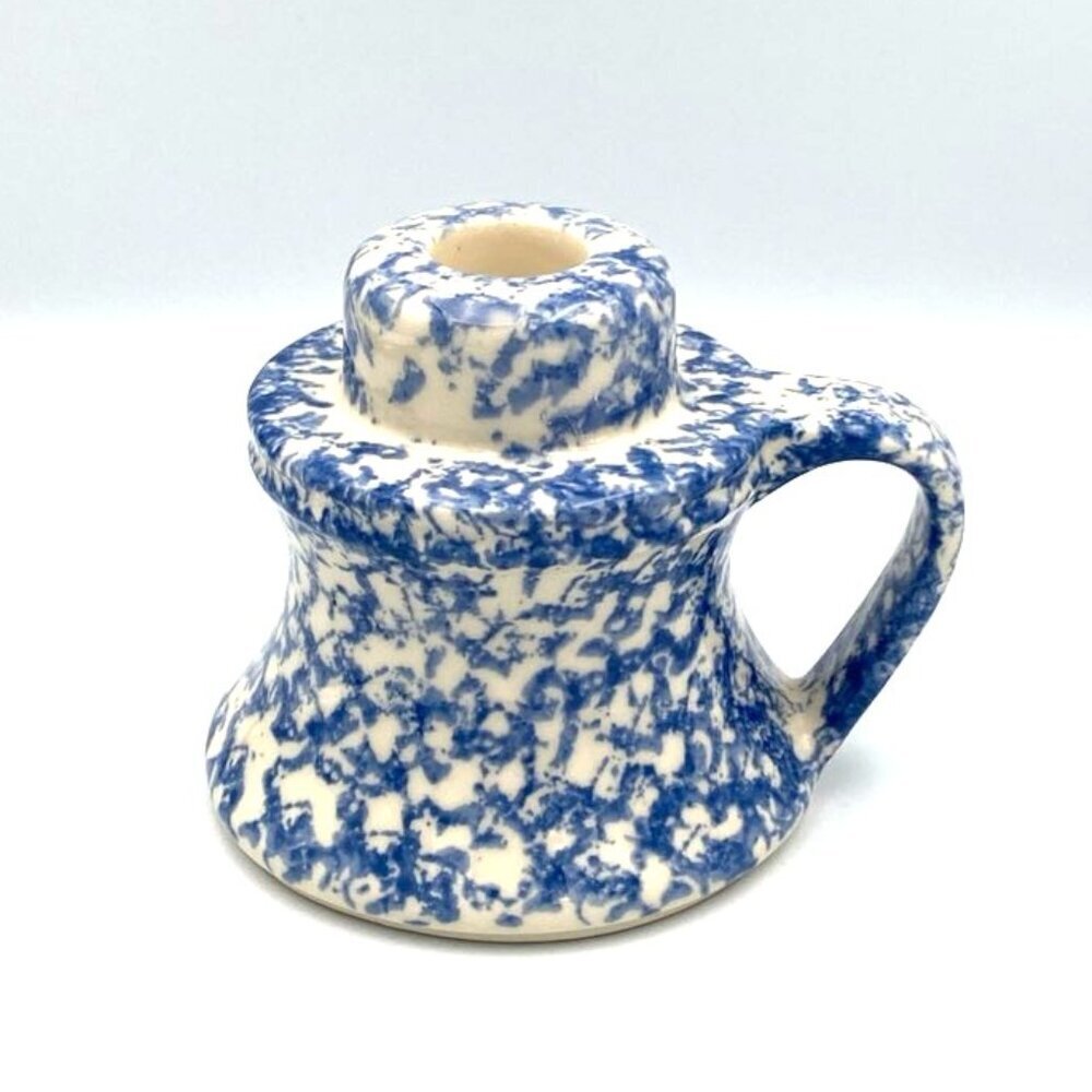 Vintage Art Pottery Blue & White Sponge Ware Candle Stick Holder Chamber